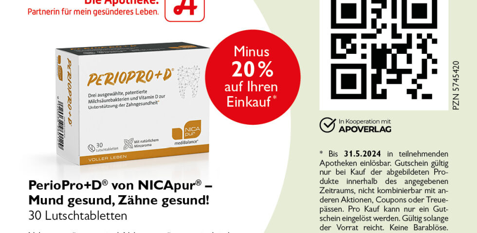 DA_Couponing_April_Online_Nicapur_ok - Minus 20% bei einem Einkauf von&nbsp;PerioPro+D® – 30 Lutschtabletten. Bis 31.5.2024 - © NICApur Micronutrition GmbH