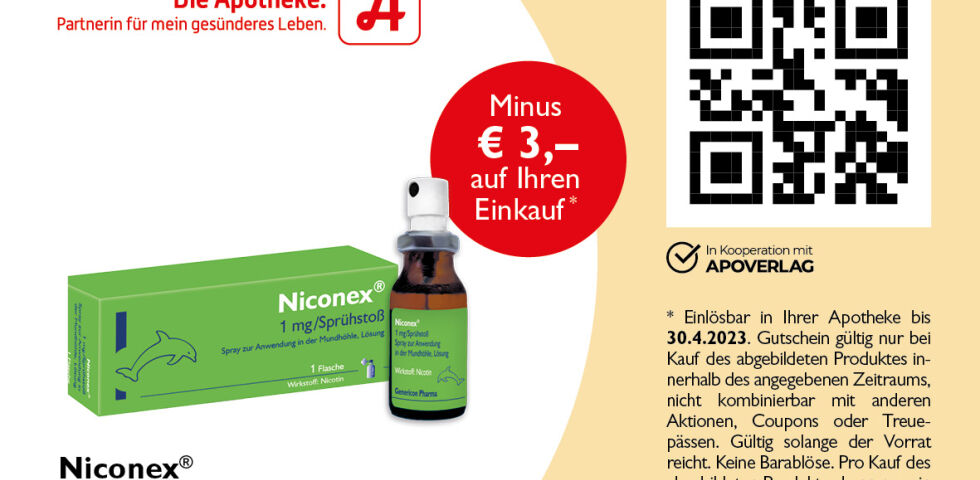 DA_Couponing_Februar_Niconex - Niconex®, Genericon Pharma, Spray/Lösung, minus € 3,- auf Ihren Einkauf - gültig bis 30.4.2023